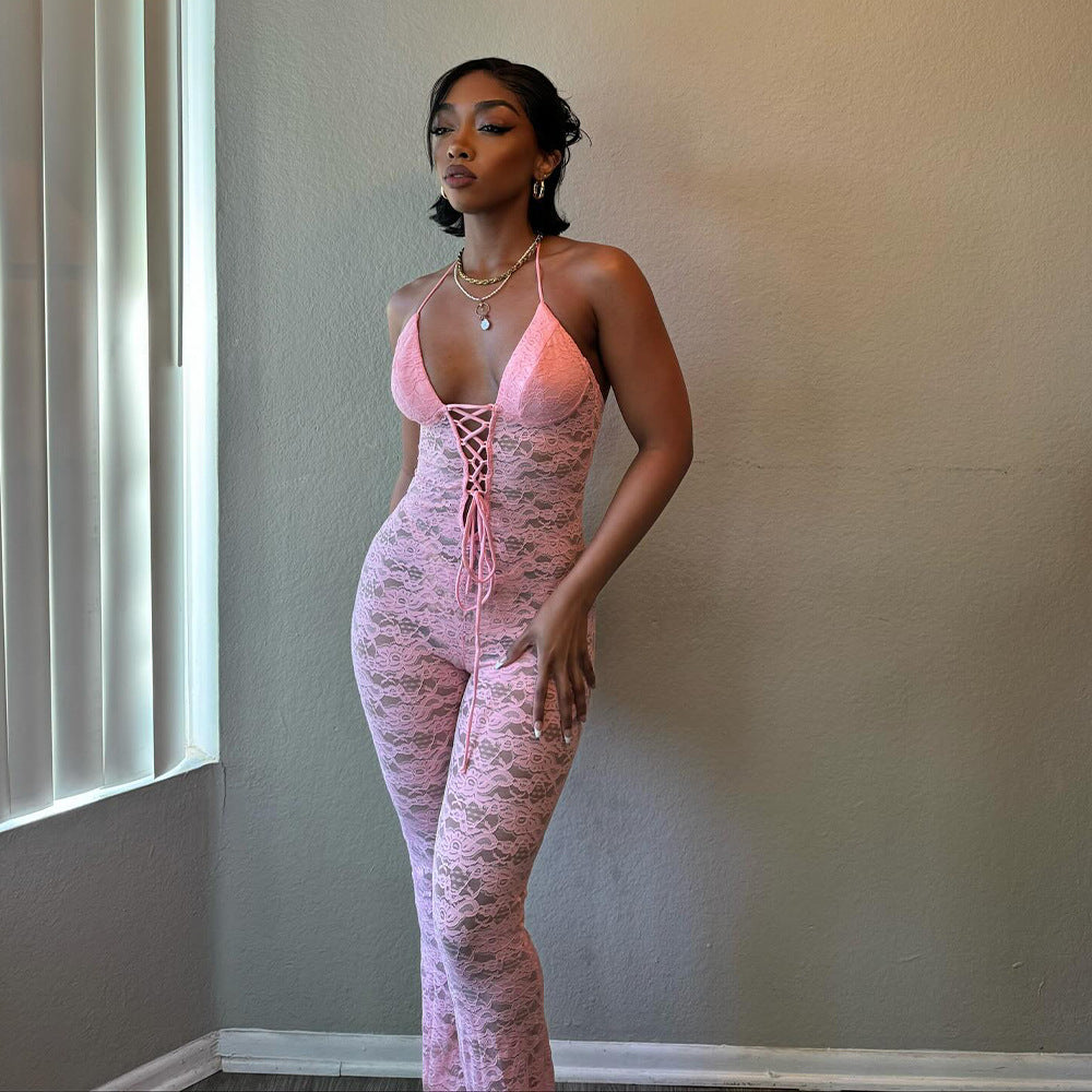 2025 New spring new sexy fashion hollow lace perspective backless neck slim jumpsuit women's summer