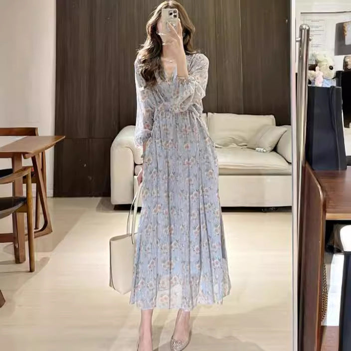 2025 early spring new gentle floral waist and thin long-sleeved collar loose lace-up medium and long dress