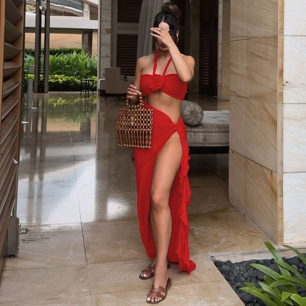 BENPAOLV 2025 popular summer new style New fashion sexy chest wrap irregular skirt two-piece suit women