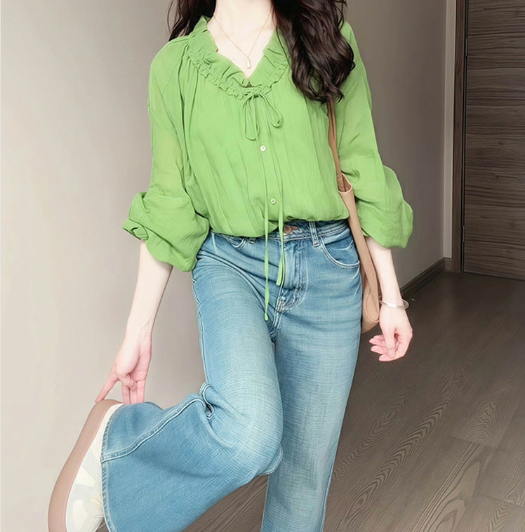 Green v-neck fungus edge bow strap loose long-sleeved T-shirt summer 2025 fashion wear design top
