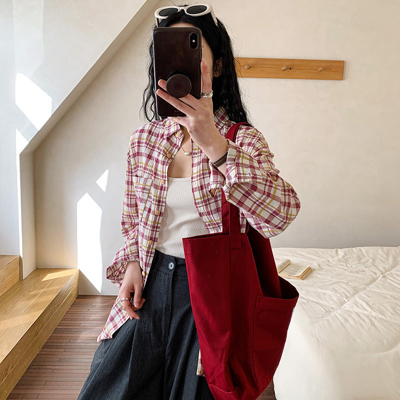 direct sales Scottish plaid shirt women's long-sleeved spring clothing Hong Kong style literary and retro temperament top pure cotton shirt