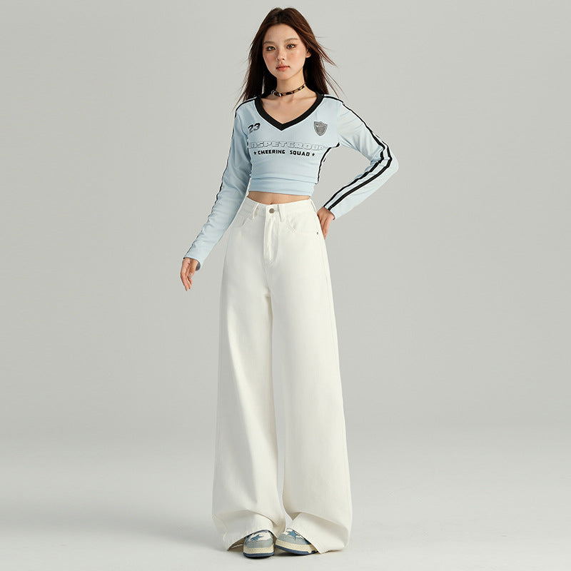 2025 n White Wide Leg Thick Fleece Women's Winter popular High Waist Loose Hip Covering Skinny Narrow Jeans