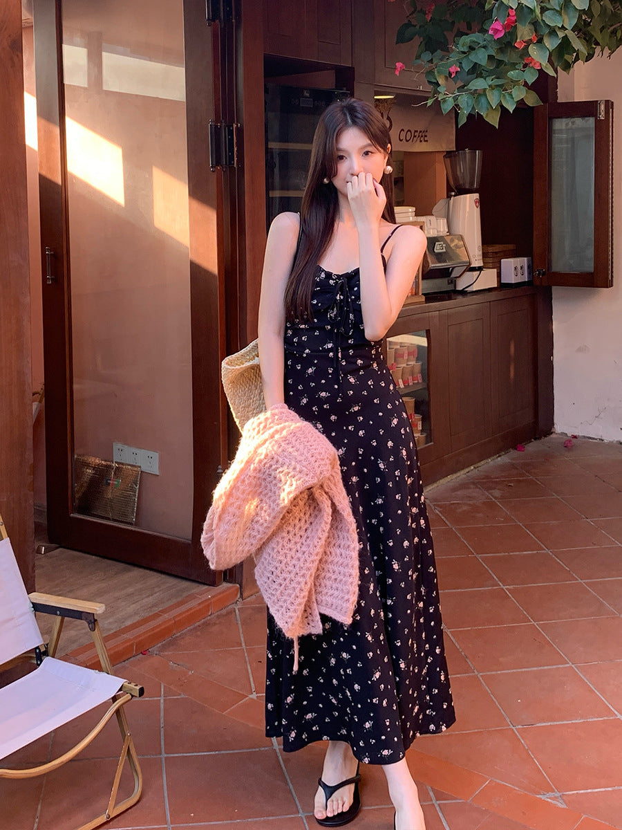 2025 Spring New Vintage High Waist Suspender Dress Sub-print Pure Desire Vacation Dress Women 88173