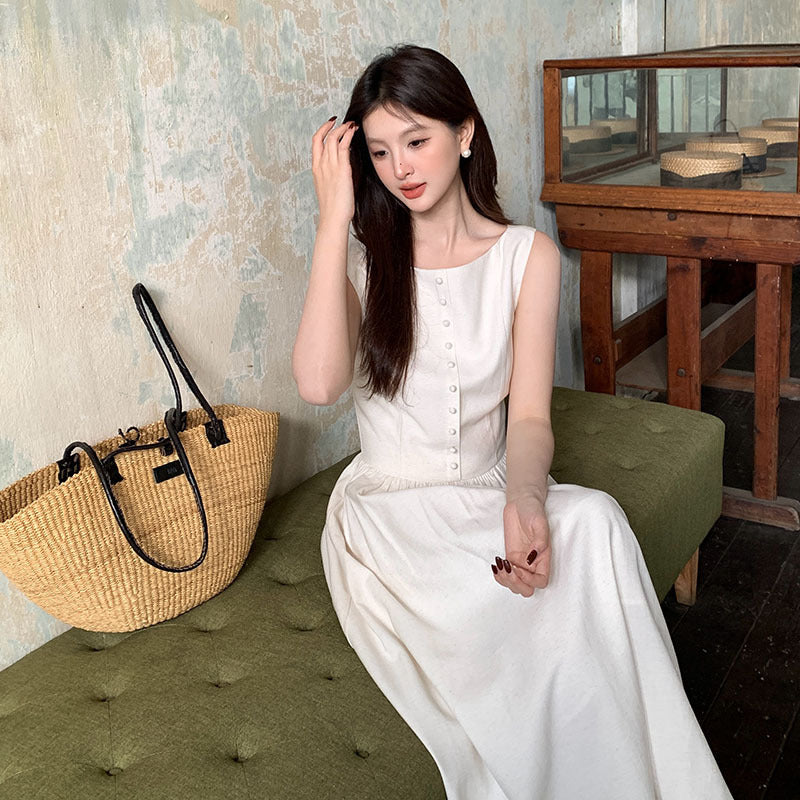 2025 spring new Korean version high waist elegant vest dress square collar solid color pure desire skirt 88168