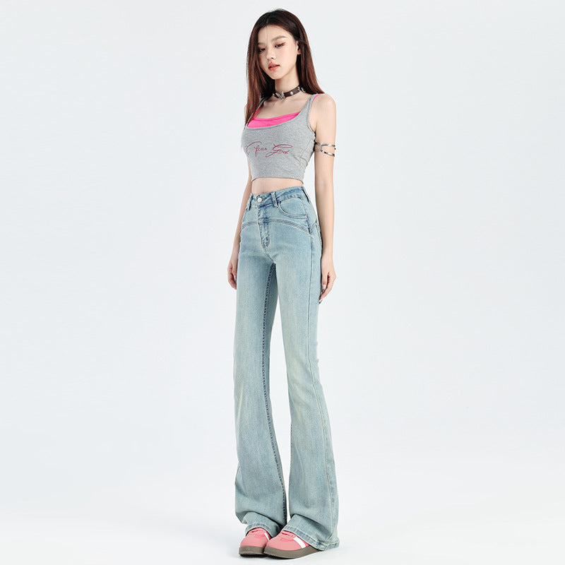 2025 Light-colored micro-flared jeans for women's spring and autumn popular new high-waisted and thin small Spice Girls horseshoe flared pants