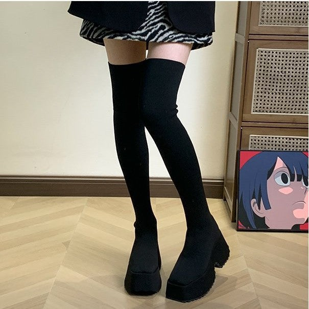 2025 Show tall and thin! Internet celebrity thin boots elastic socks boots retro square head muffin thick bottom super tall stockings knee boots