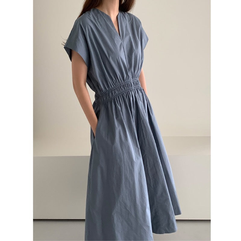 2025 summer new commuter paper person temperament thin V-neck simple one-sleeved waist dress long skirt