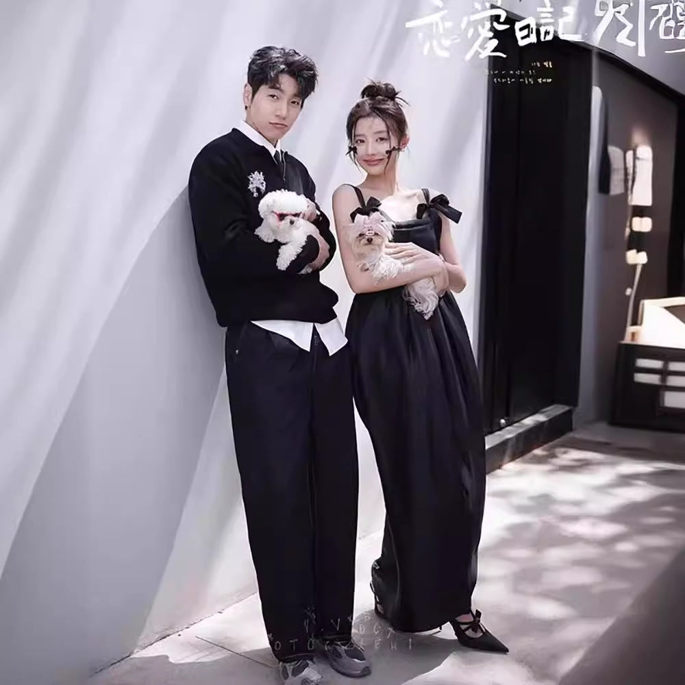 2025 New studio photo theme clothing simple bow small fresh black indoor suspender wedding dress