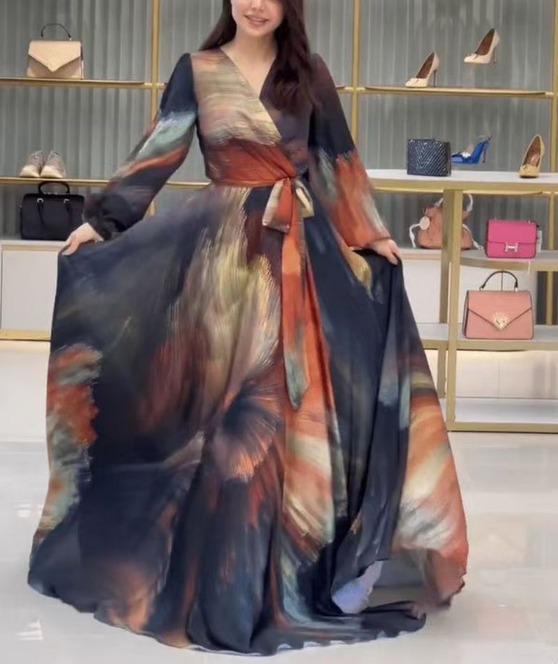 2025 spring and summer New Popular trade Middle East women's clothing independent station ebay sexy printing pendulum V-neck long-sleeved dress