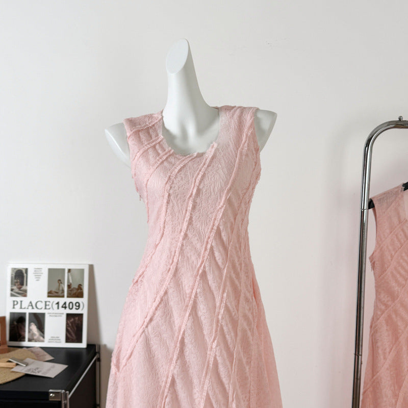 2025 Sakura fall spring and summer new light pink lace print multi-cut long dress women