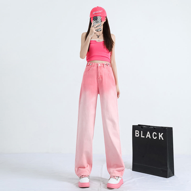 2025 Pink wide-leg jeans women's popular summer new high waist thin narrow version gradual change color straight mopping pants thin