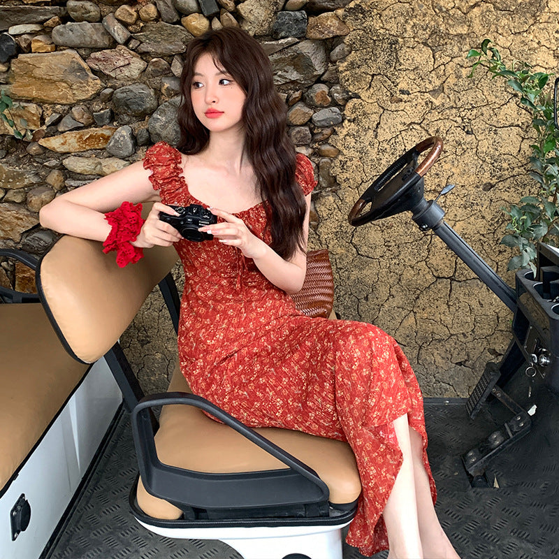 2025 Thirteen Lines Spring and Summer New Temperament Printed Retro High Waist Short Sleeve Dress Children 88033
