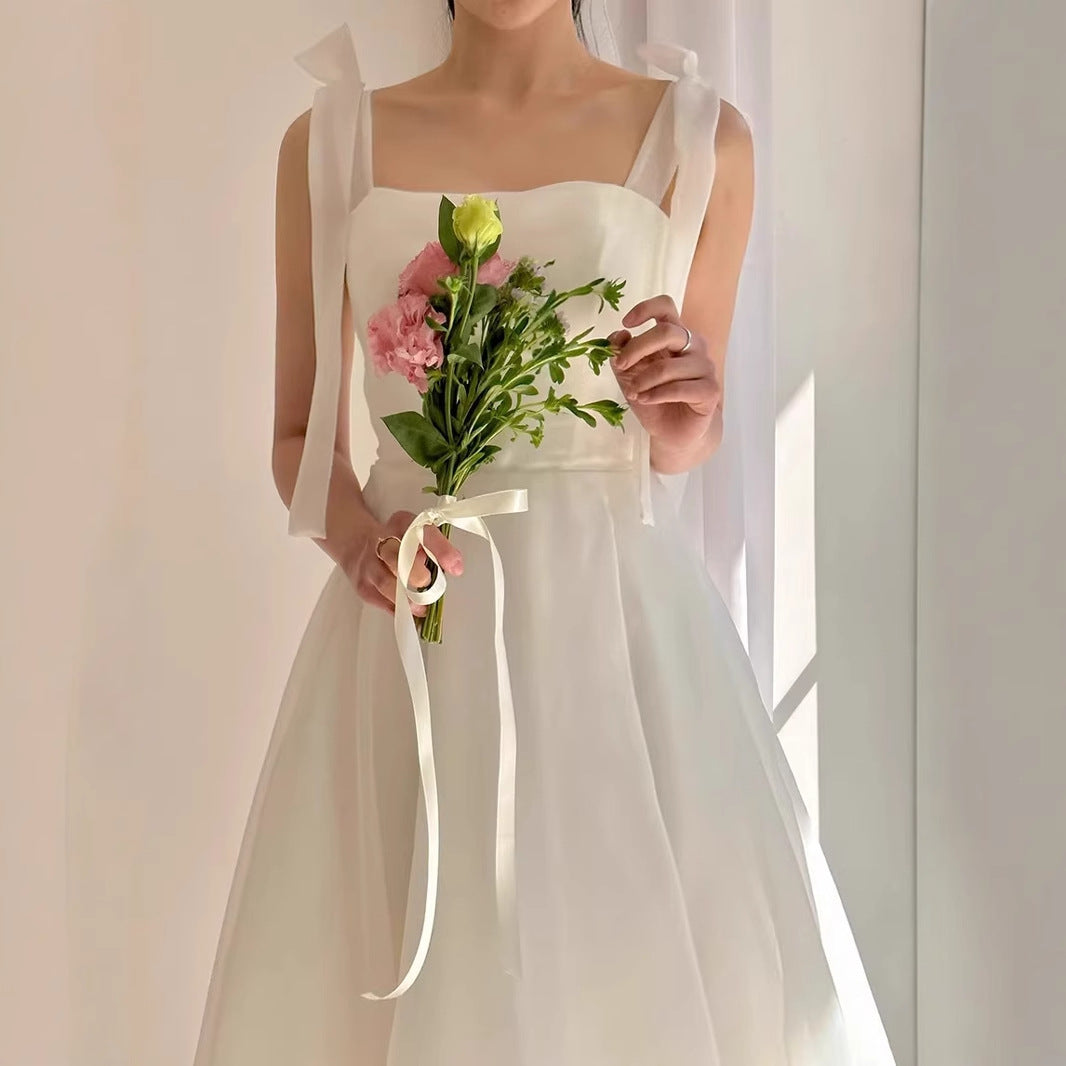 2025 Suspender light wedding dress dream organza going out yarn simple travel shooting white gauze skirt outdoor wedding main yarn collar dress
