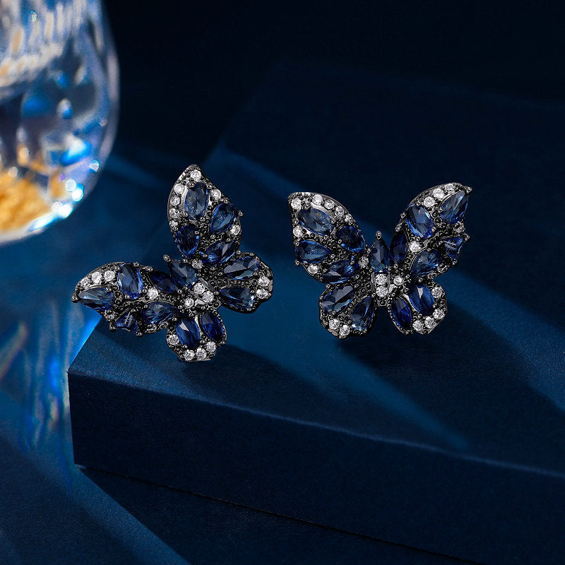 2025 New niche temperament high-end earrings wholesale fashion full diamond color zircon inlaid retro style butterfly stud earrings