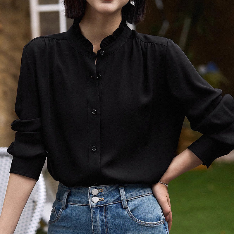 2025 Petal collar silk shirt, high-end mulberry silk spring Hangzhou women's clothing, women's shirt gray-black top