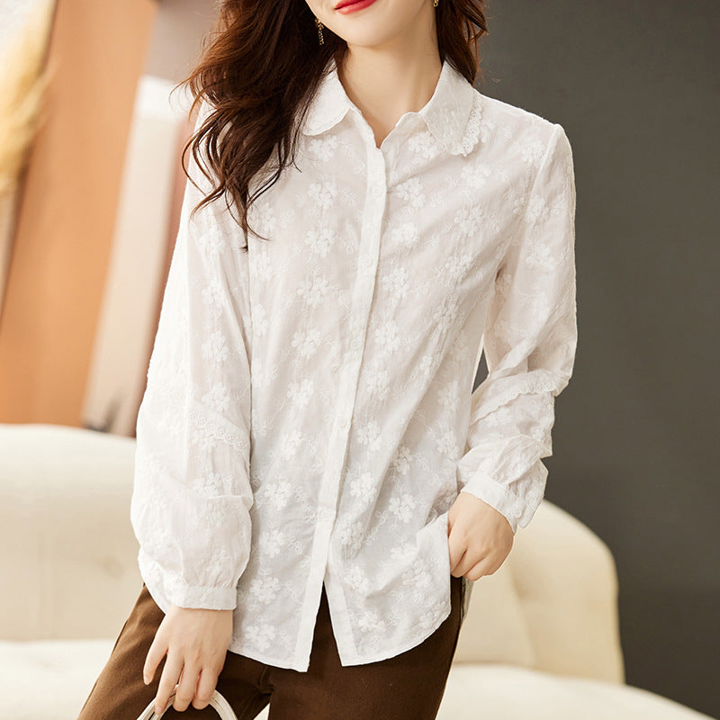 direct sales embroidered white shirt women's long sleeves spring clothes new sweet temperament backing shirt top