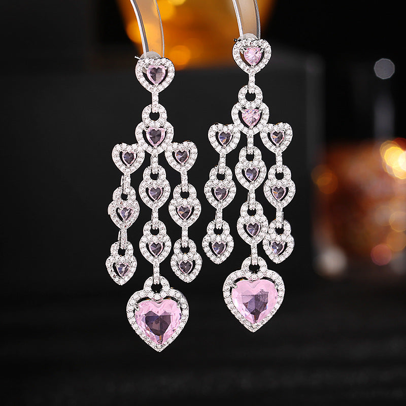 2025 Exaggerated atmosphere light luxury earrings tide color zircon design sense long concentric lock earrings love fringed earrings