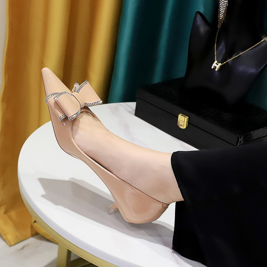 2025 237-H35 Korean version of fashion banquet women's shoes, thin heel, medium heel, shallow mouth, pointed head, patent leather rhinestone bow women's shoes