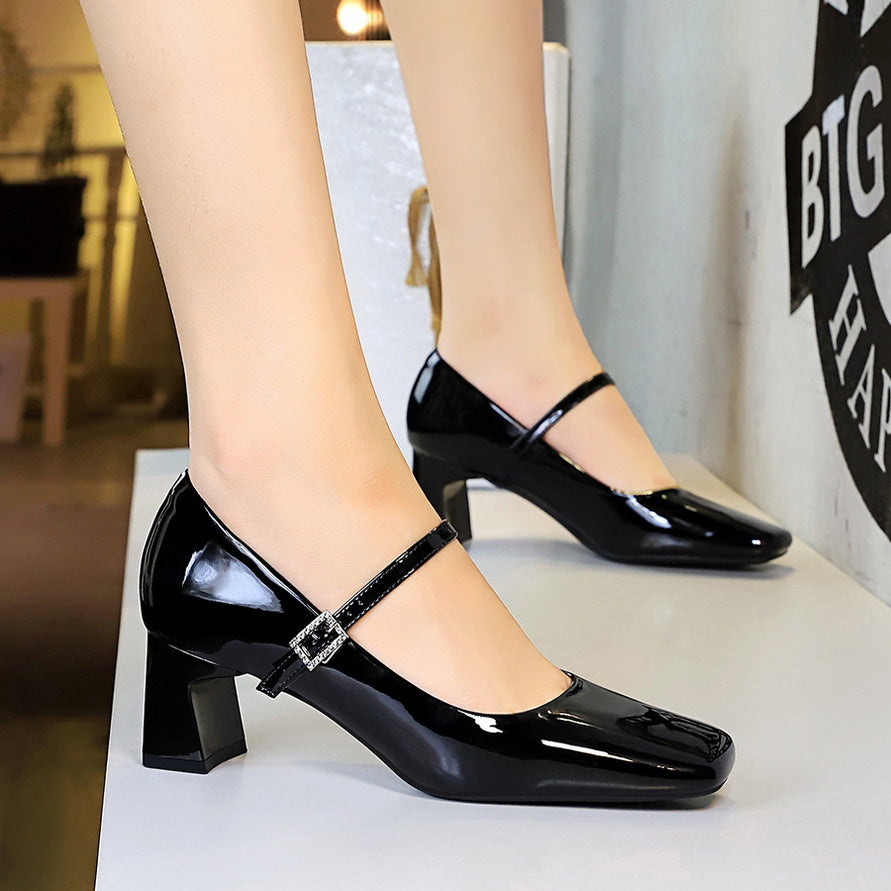 2025 6292 style elegant women's shoes rhinestone word with square head heels patent leather glossy light mouth thick heel medium heel single shoes