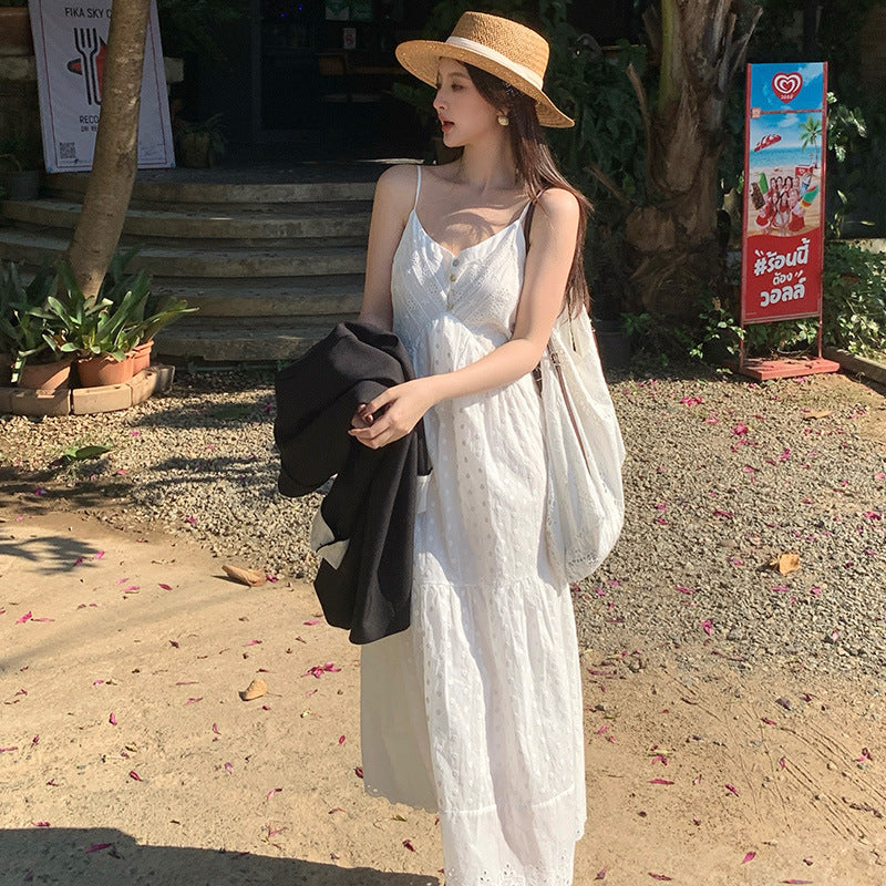 2025 spring new Korean version high waist elegant suspender dress V neck solid color pure desire skirt 88161