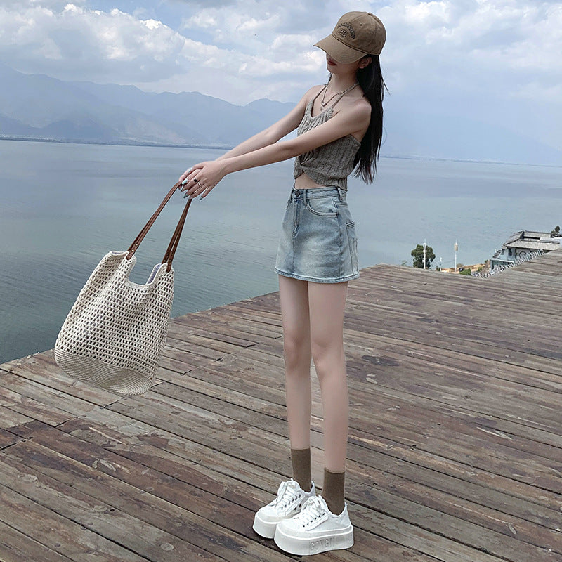 2025 Light-colored denim skirt women's summer popular new high-waisted and thin rear bag embroidered a-word versatile miniskirt