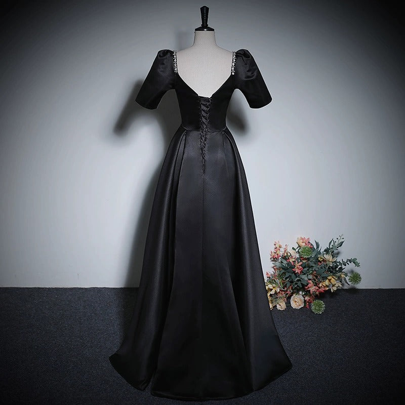 2025 Black conductor evening dress female banquet piano temperament socialite high sense bubble sleeves host stage chorus suit