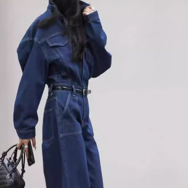 2025 Spot design sense fashionable one-piece denim high waist tooling jeans spring suit women's big pocket jumpsuit