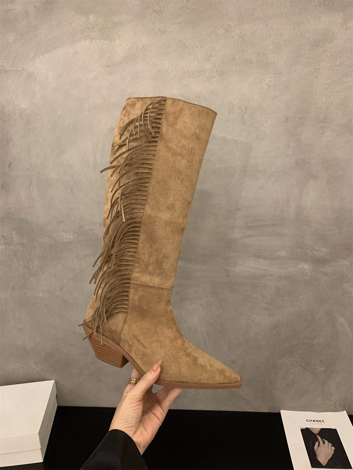 2025 Niche pointed high-heeled thin boots women's shoes popular spring and autumn winter retro suede fringed long tube knight boots