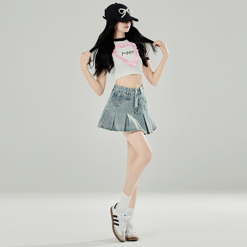 2025 Light blue denim skirt women's summer popular new high-waisted A-word pleated skirt showing long legs Spice girl short skirt