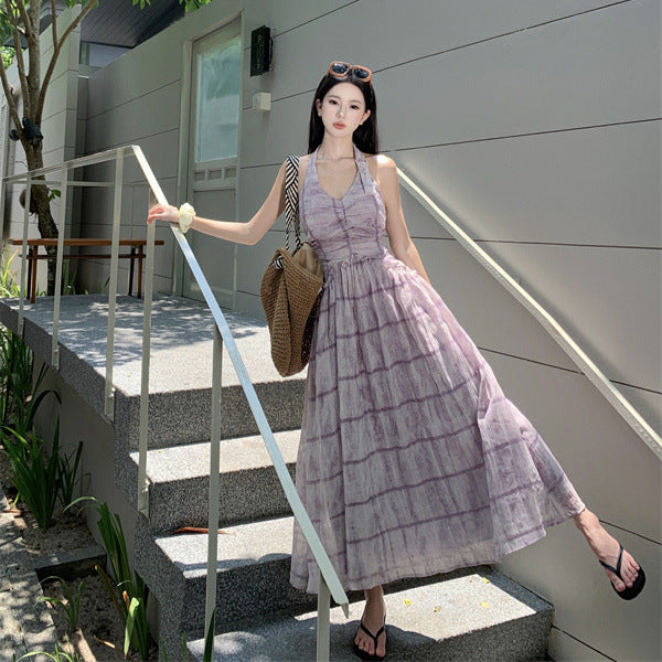 2025 Purple sleeveless neck suspender dress women's clothing summer 2025 new seaside vacation temperament dress