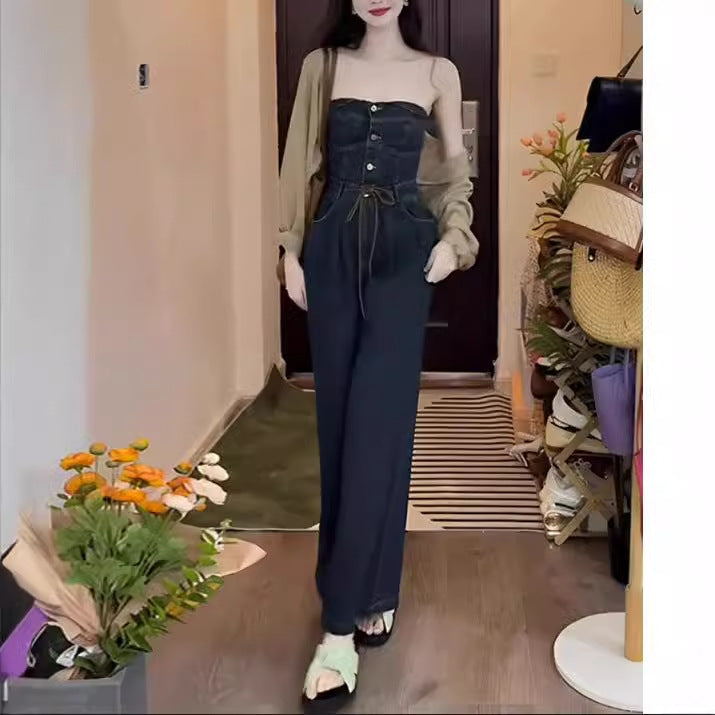 South Korea Dongdaemun anti-wrinkle Korean version of retro dark blue new tube top casual straight drawstring waist one-piece jeans