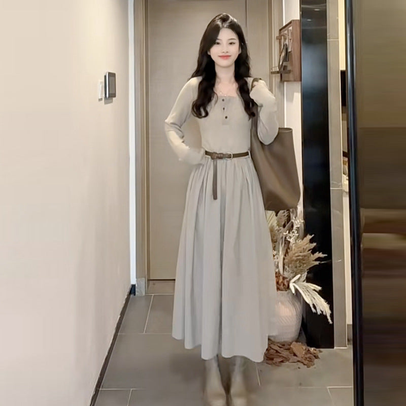 2025 High-end long-sleeved dress, early autumn women's models new temperament bottomed square neck long dress