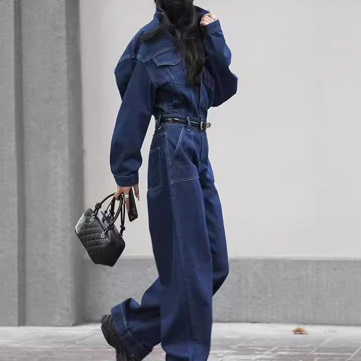 2025 Spot design sense fashionable one-piece denim high waist tooling jeans spring suit women's big pocket jumpsuit