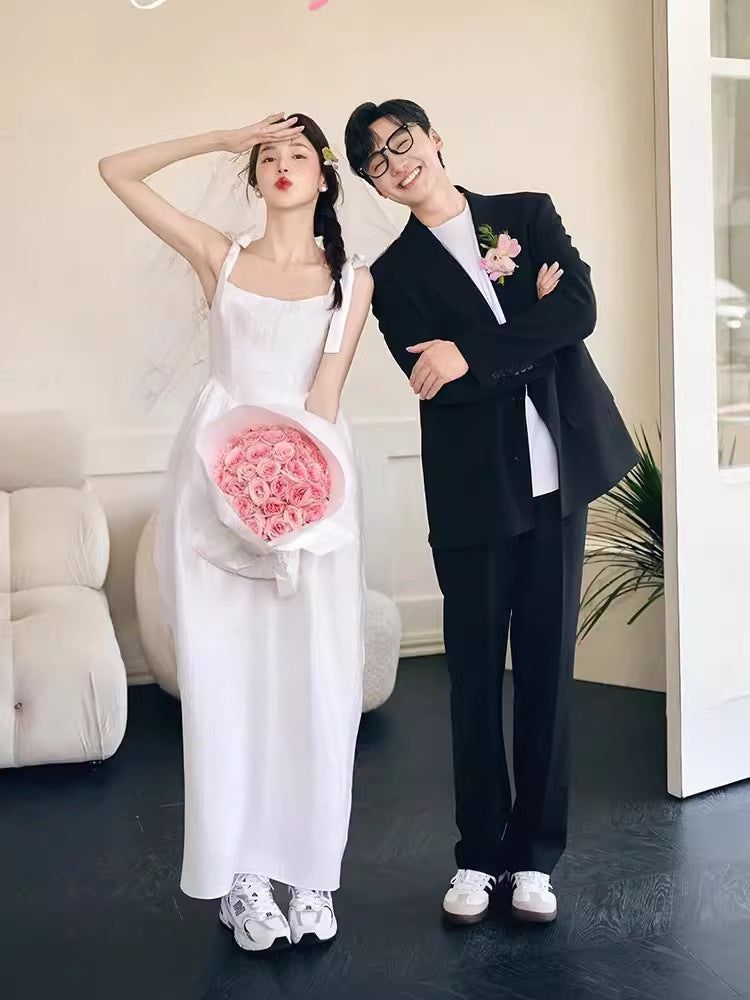 2025 New studio photo theme clothing simple bow small fresh black indoor suspender wedding dress