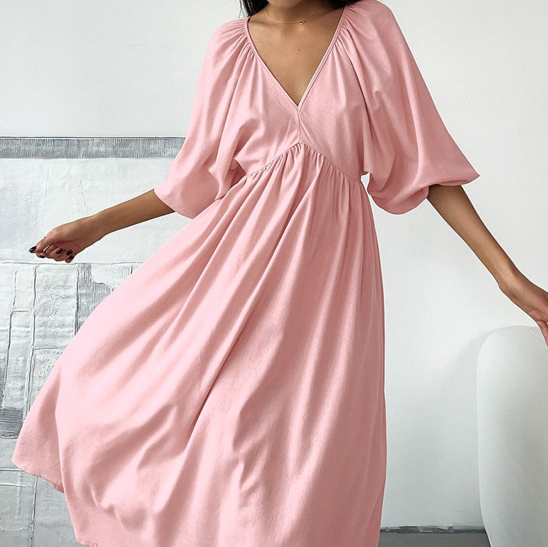 2025 Sky blue cotton and linen V-neck hollow lace-up pullover dress popular spring fashion new New women's clothing
