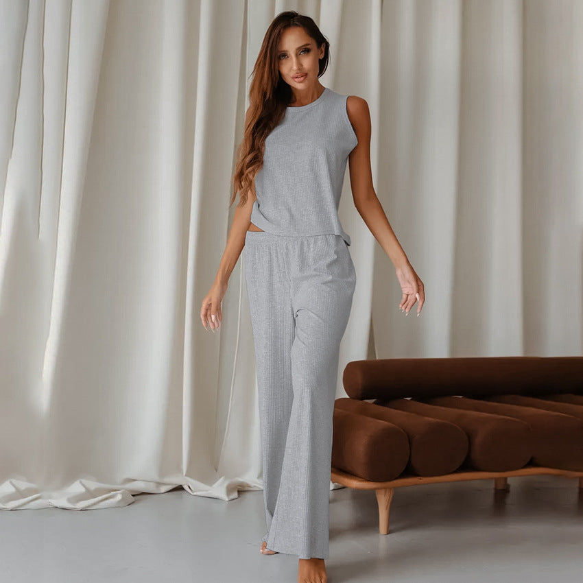 BENPAOLV 2025 Popular, and spring new knitted pit strip pajamas set, soft and comfortable sleeveless trousers women's loungewear