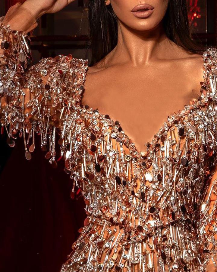 2025 new New Popular trade women's clothing independent station ebay sexy sequins long-sleeved banquet dress big swing dress new