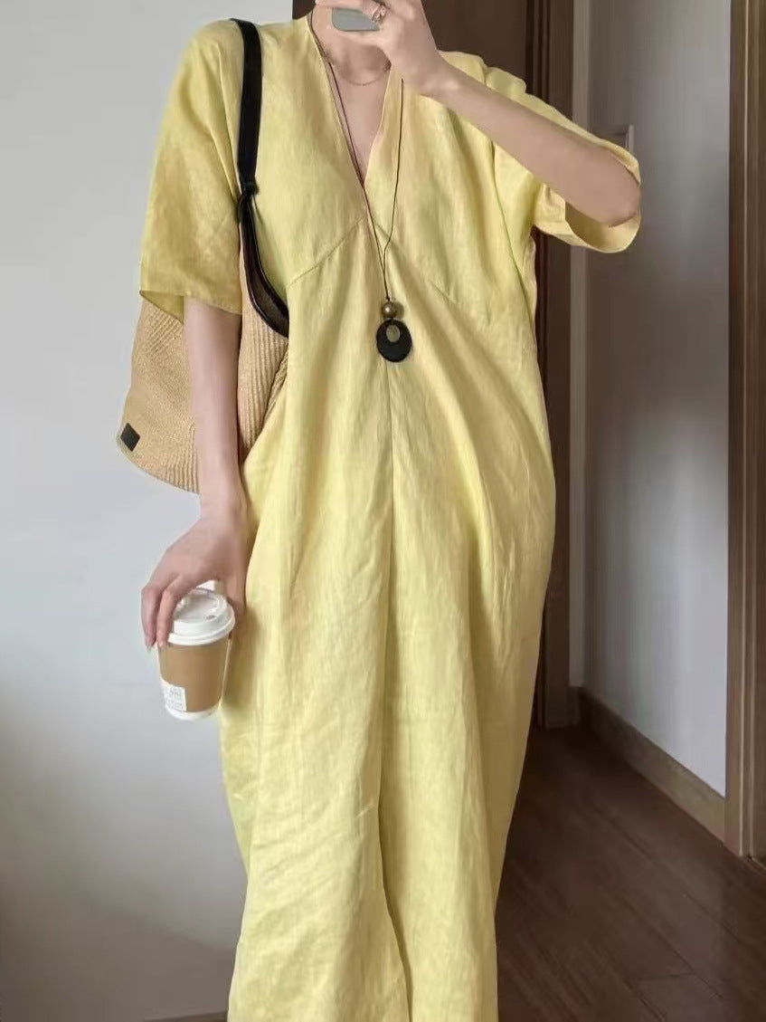 Linen midsummer dress long dress v-neck temperament dress children's spring simple style new Chinese style wear