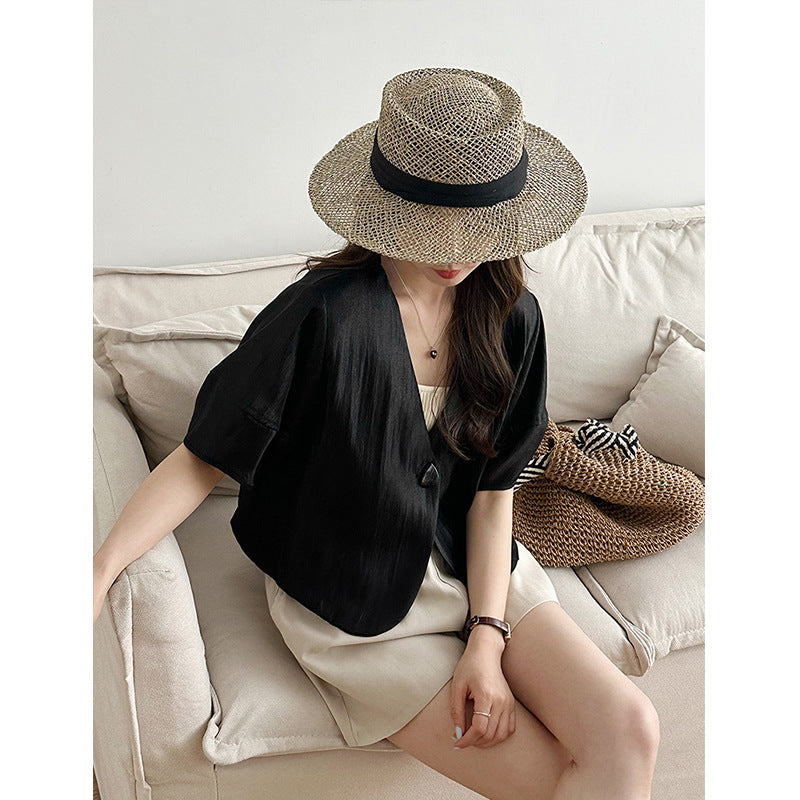 2025 , Korean loose cardigan with women's popular summer retro commuter temperament short top 2093