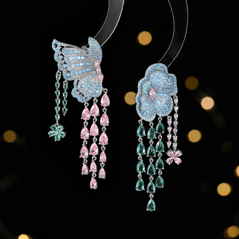 2025 Liyu jewelry exaggerated atmosphere heavy industry earrings wholesale inlaid zircon light luxury high sense butterfly flower fringed earrings