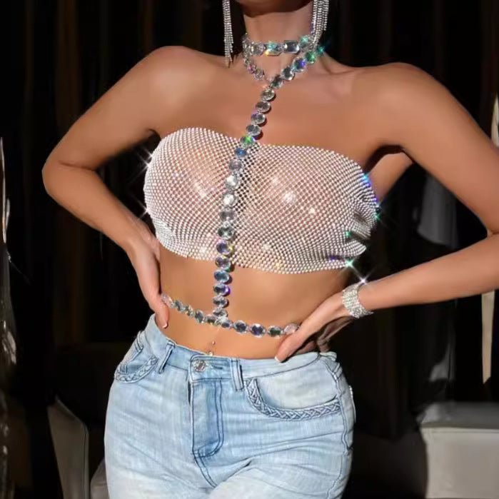 XH234004 2025 New hot-selling fishing net rhinestone splicing acrylic diamond fashion neck wrap top vest