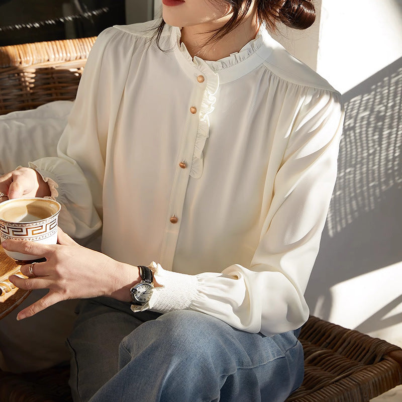 2025 temperament shirt white red, high-end commuter shirt spring new women's long-sleeved top