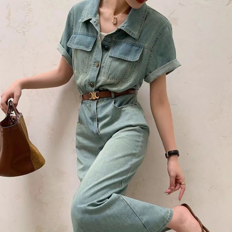 2025 Popularan Station retro washed short-sleeved denim dress women's summer new waist and thin long skirt
