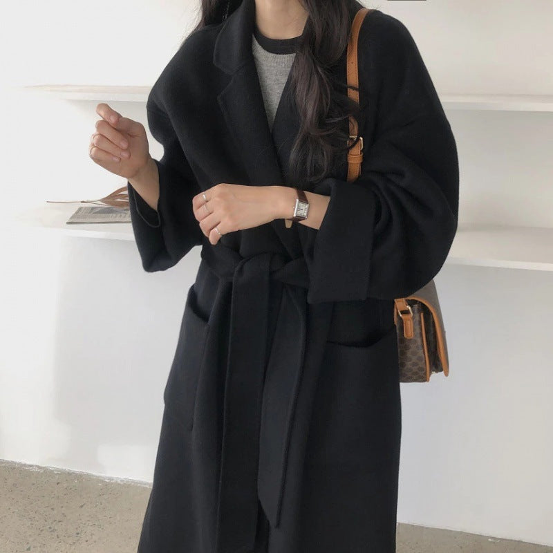 Dongdaemun, South Korea 2025 autumn and winter new lace-up cashmere coat women's medium and long loose over-the-knee woolen coat