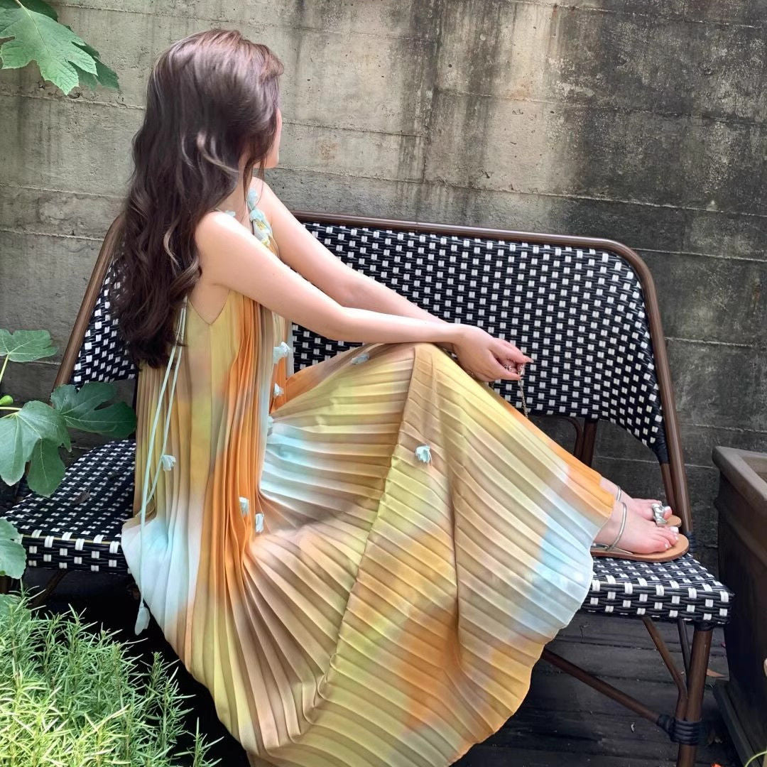 2025 popular summer new smudged sunset mottled suspender skirt women's flower organ pleated temperament lazy dress