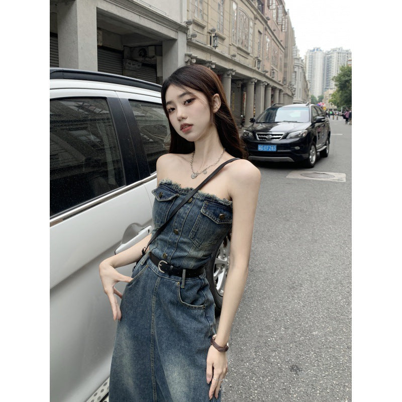 2025 Retro Hong Kong style tube top suspender denim dress women's summer niche design Spice girl medium and long waist long skirt
