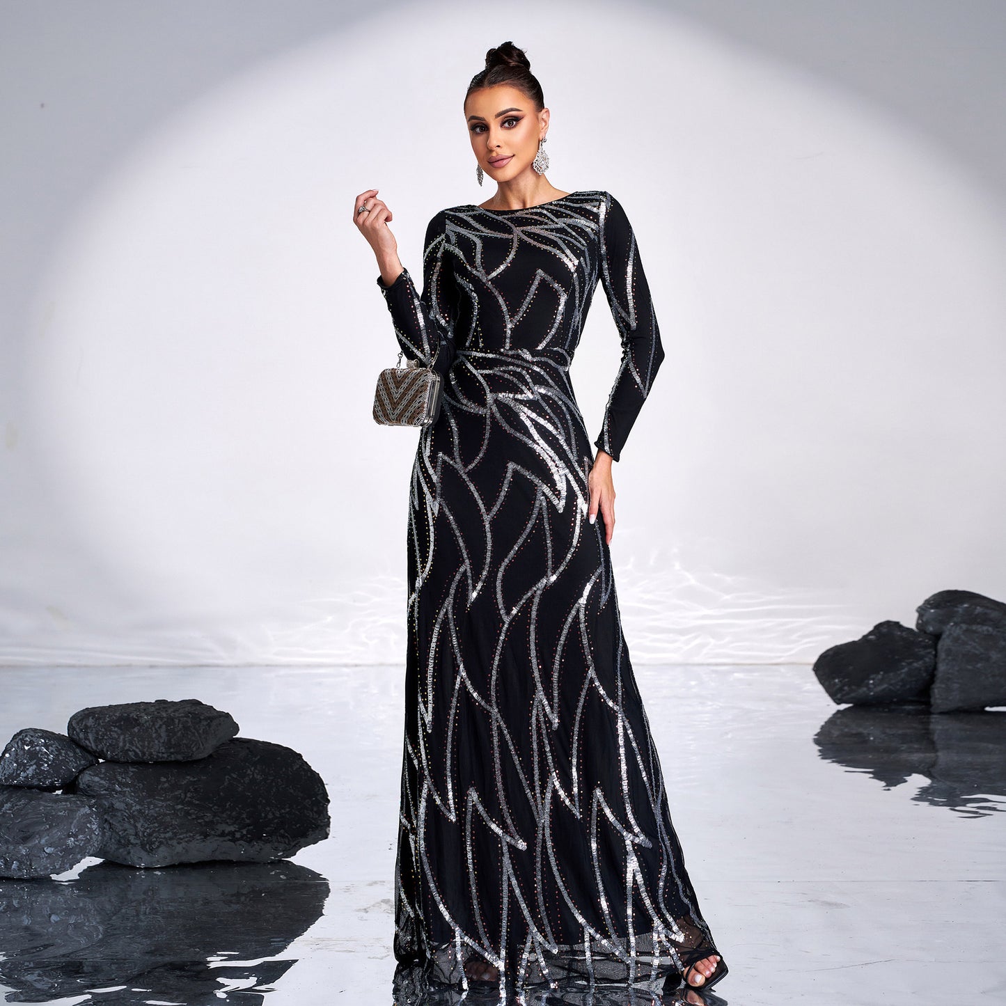 2025 high-end temperament long-sleeved crew neck sexy long sequined banquet evening dress bridesmaid dress women