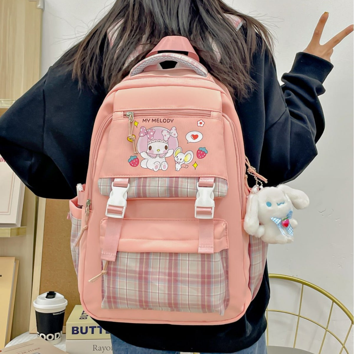 Printed Sanrio Schoolbag Large-Capacity Backpack Plaid Color Matching Backpack Medium and Large Student Campus Backpack Primary School Students