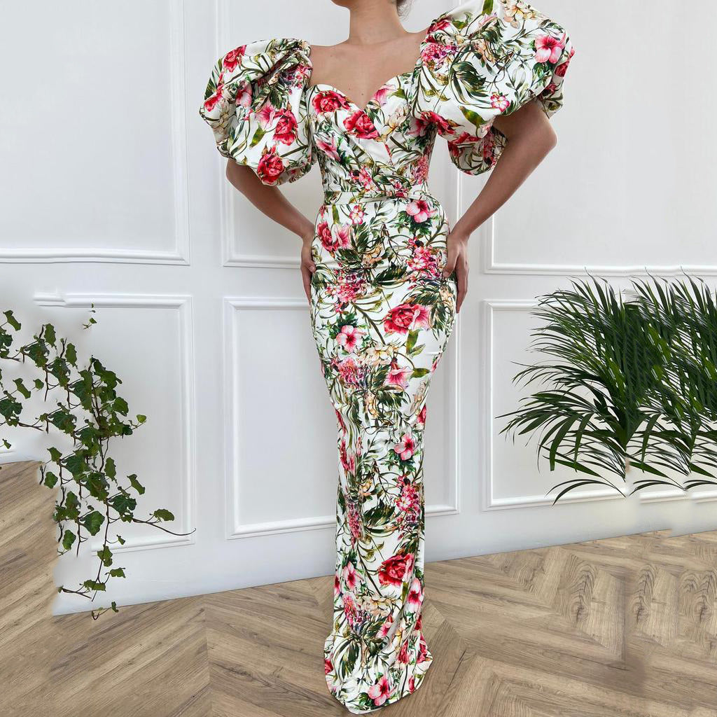 New women's clothing new V-neck chiffon printed high-waisted and thin big swing skirt, celebrity short-sleeved dress