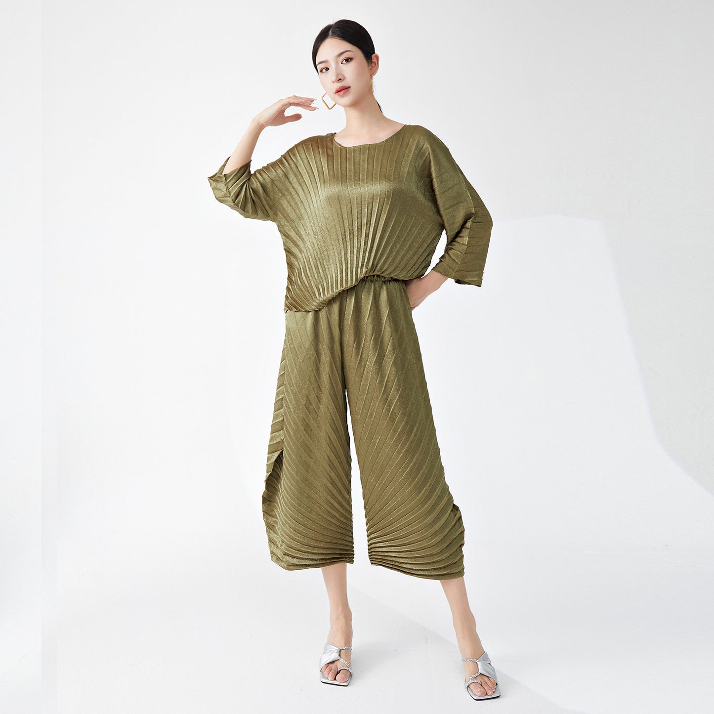 2025 Casual Suit Two-piece Women's Superior Solid Color Crew Neck Loose T-Shirt Top Irregular Casual Pants